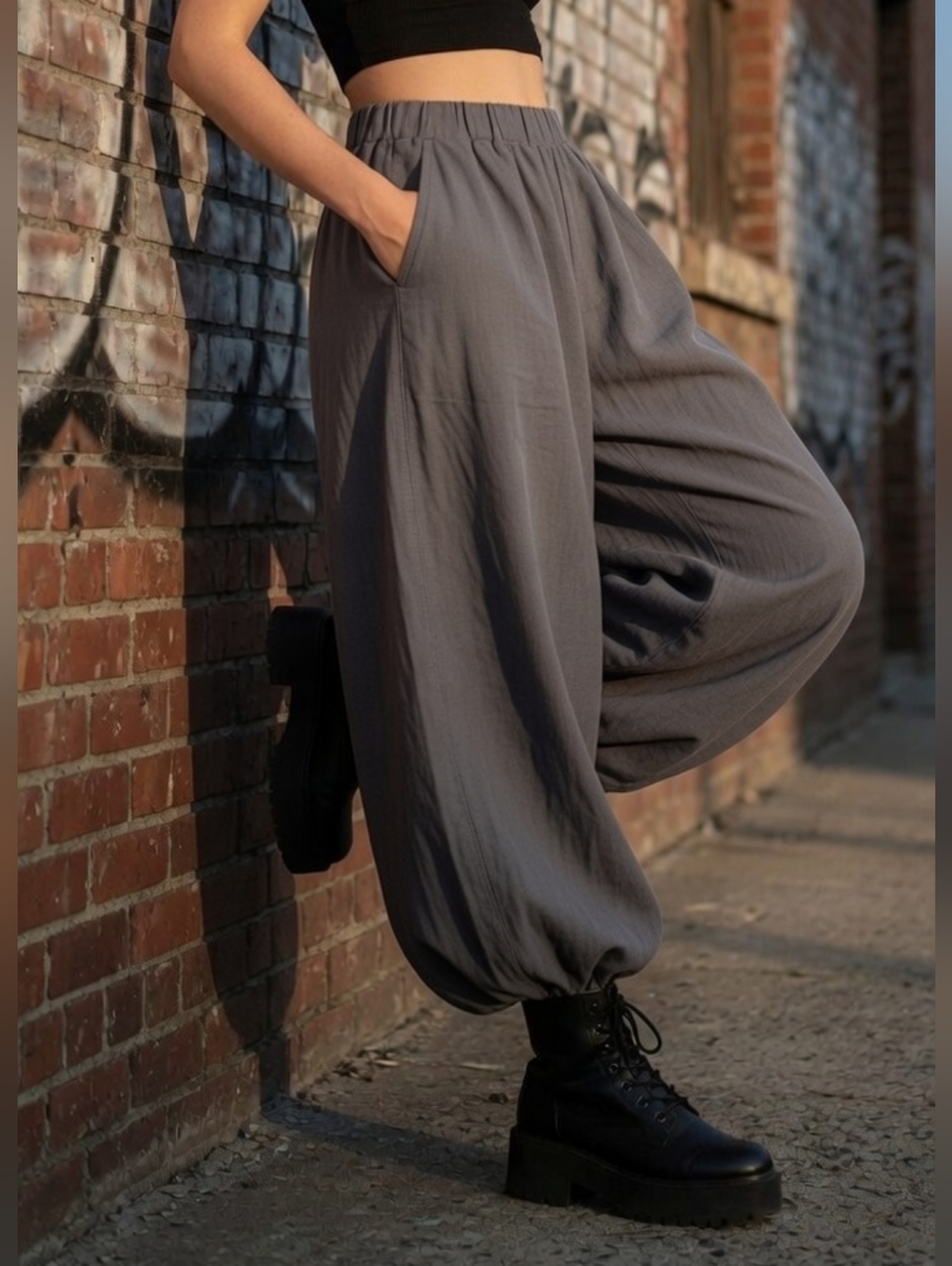 Linen Cotton Wide Leg Baloon High Waisted Oversized Pants Gray Womens Small